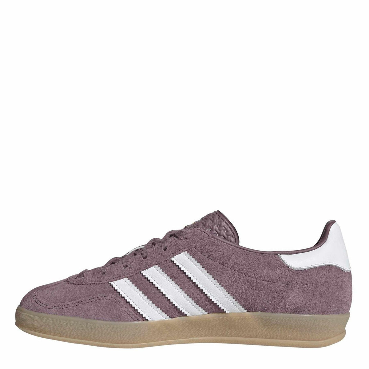 adidas Gazelle Indoor trainers, mauve suede with white three-stripe panel and lace-up front