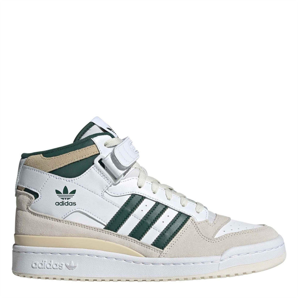 Mid-top sneakers in white with green adidas stripes and beige accents, lace-up strap