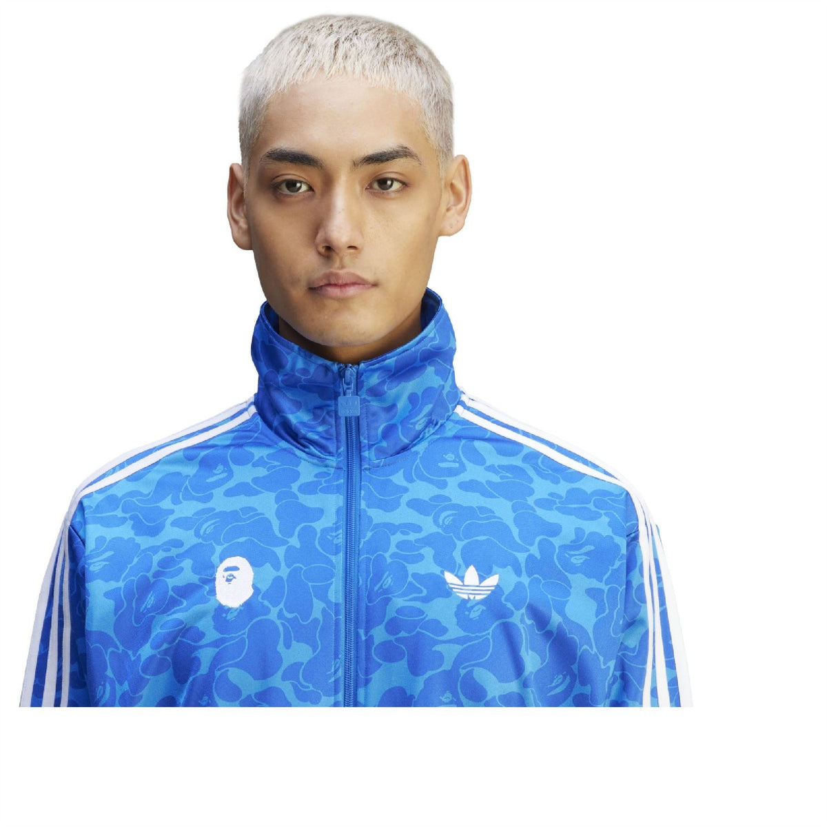adidas Originals Bape Firebird Track Top in black with colorful camouflage accents, featuring the iconic Firebird logo and full zip design
