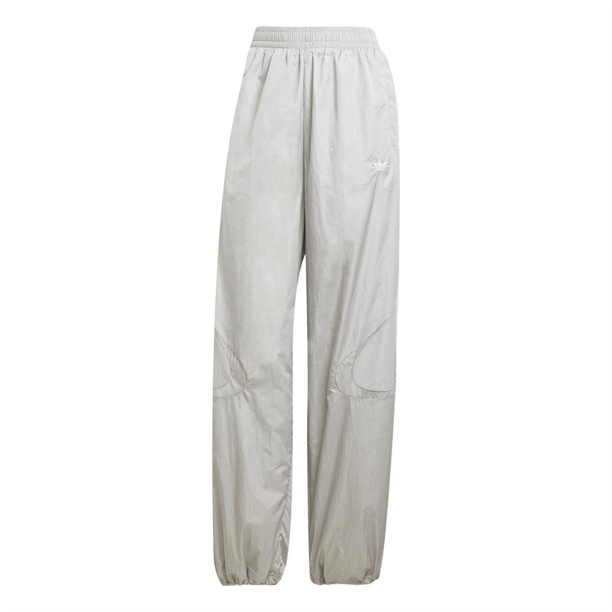 Light grey track pants with elastic waist, relaxed legs, and side stripe detail