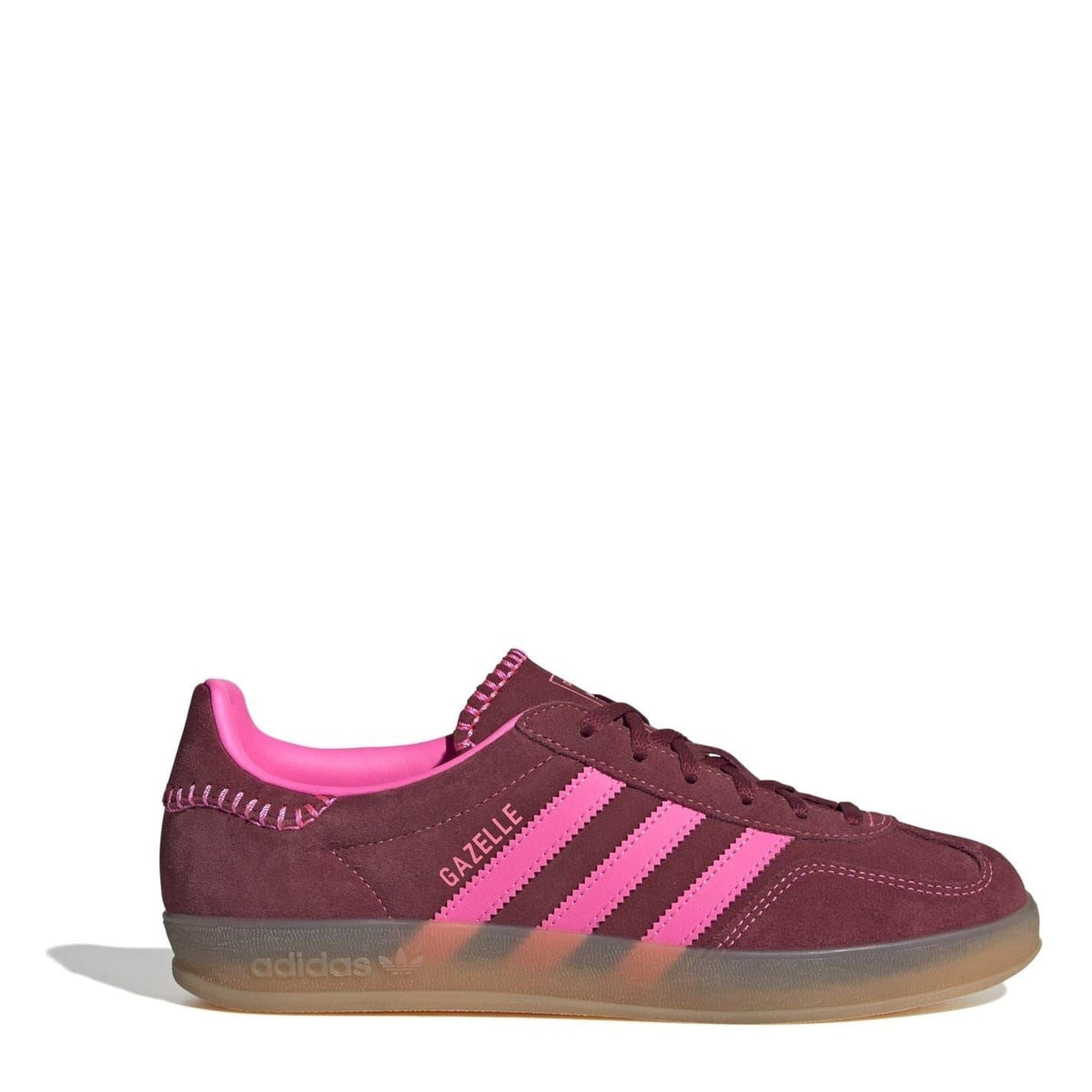 adidas Originals low-top Gazelle trainers, burgundy suede with pink accents and gum sole