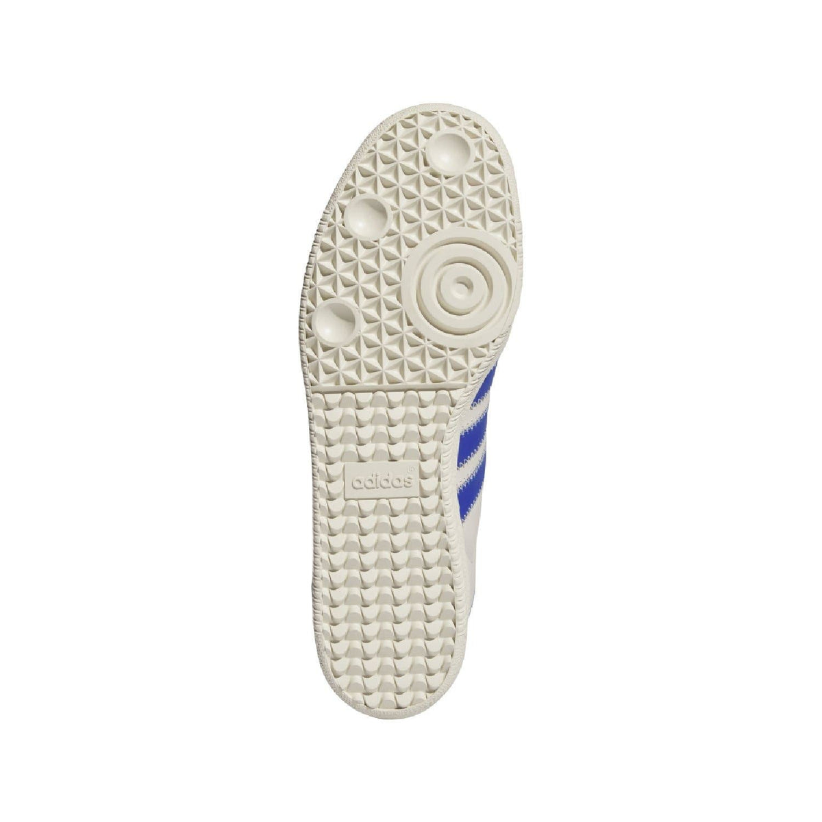 White rubber outsole with textured tread and blue-striped trainer side detail