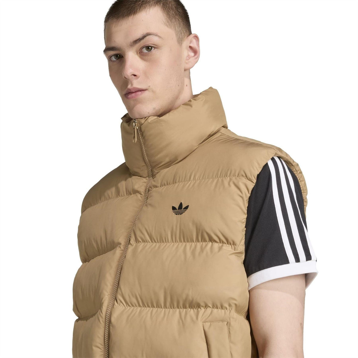 adidas Originals hooded puffer gilet, brown with trefoil logo, quilted front