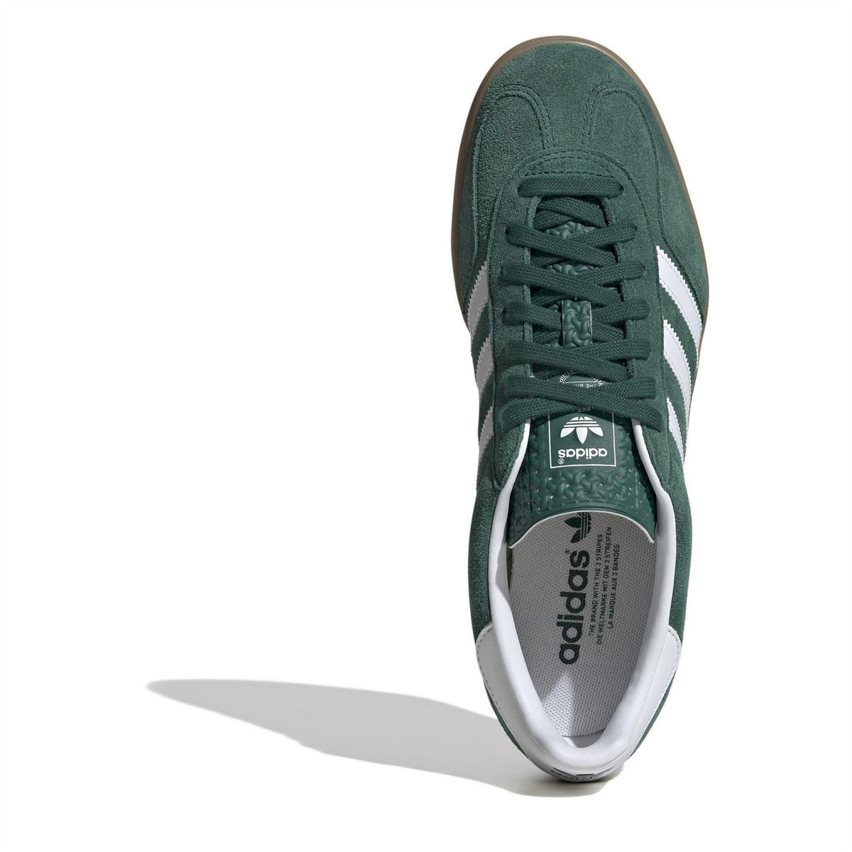 Green adidas Gazelle sneakers heel view with lace-up and white interior