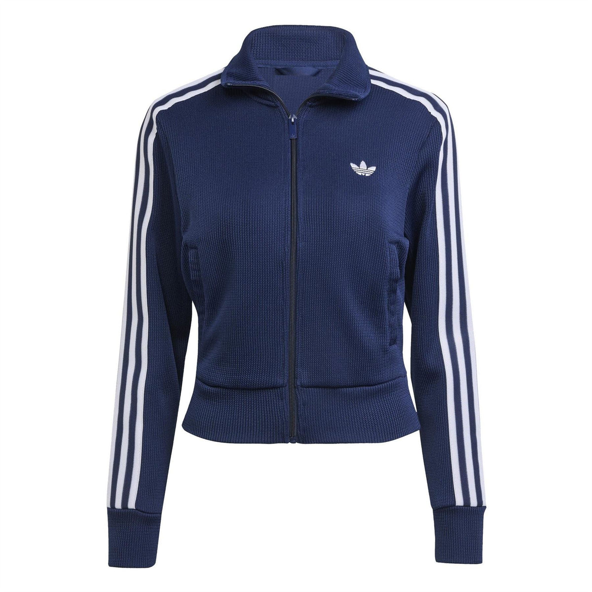 Women’s night indigo knit track jacket with full zip, ribbed collar, three stripe sleeves, adidas logo