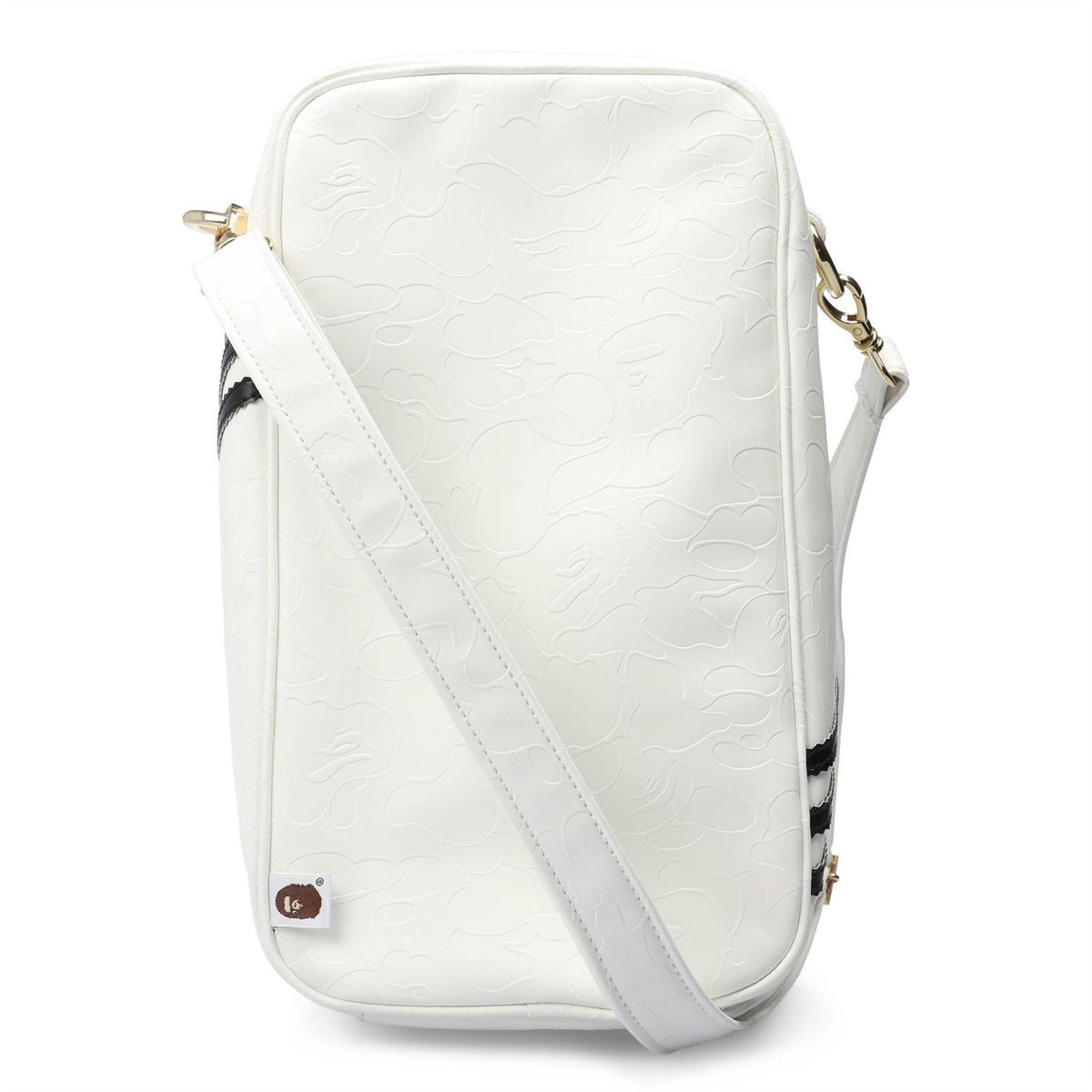 White embossed adidas Originals BAPE crossbody bag, side view with gold hardware and stripe panel