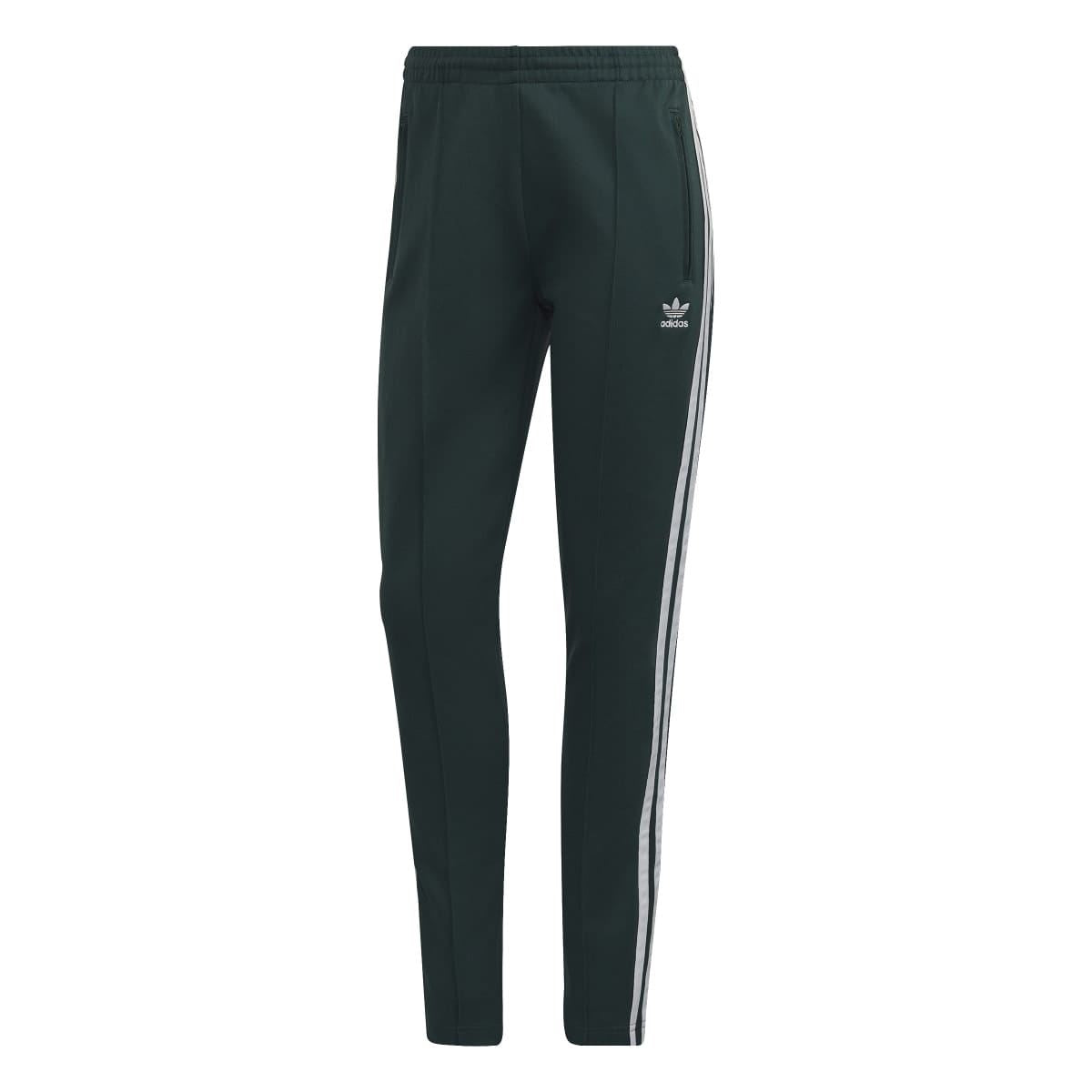 Dark green Adidas Originals track pants with white side stripe detailing