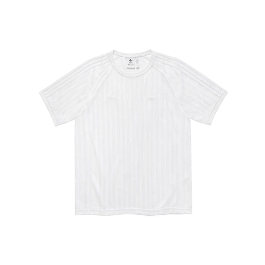 White football jersey with crew neck, short sleeves, and subtle vertical stripe texture