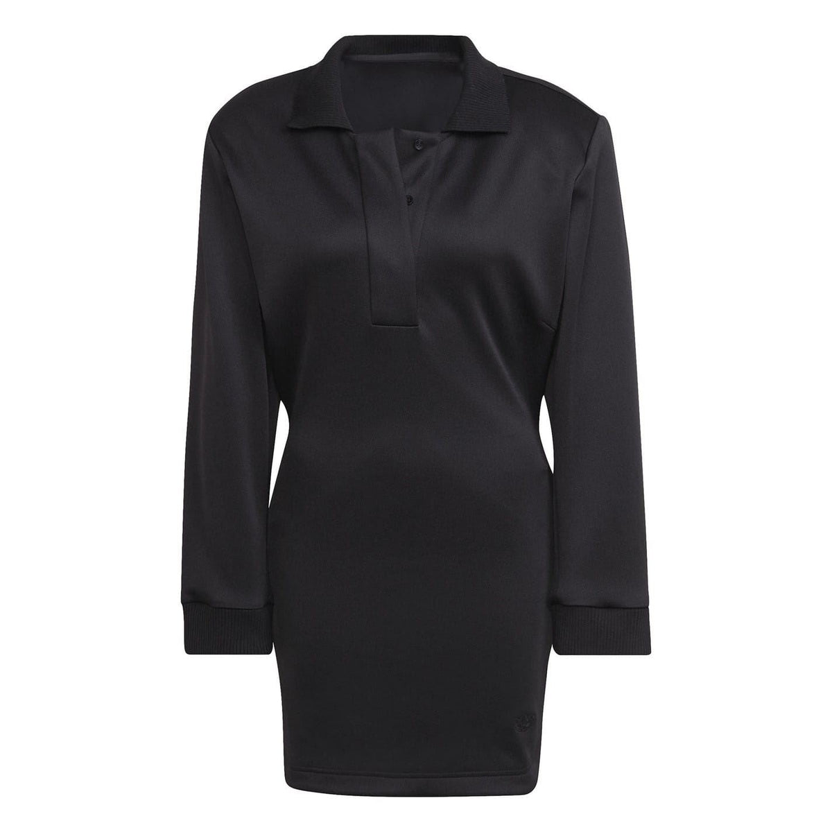 Black polo-style spacer dress with long sleeves and mini length, front button placket.