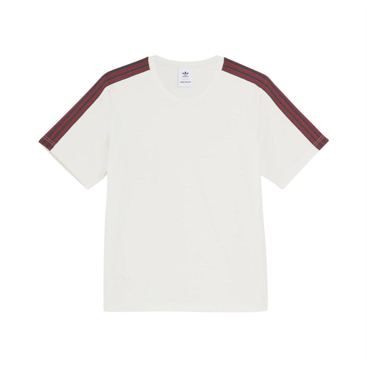 Chalk white crew-neck T-shirt with red-and-black shoulder stripe trim