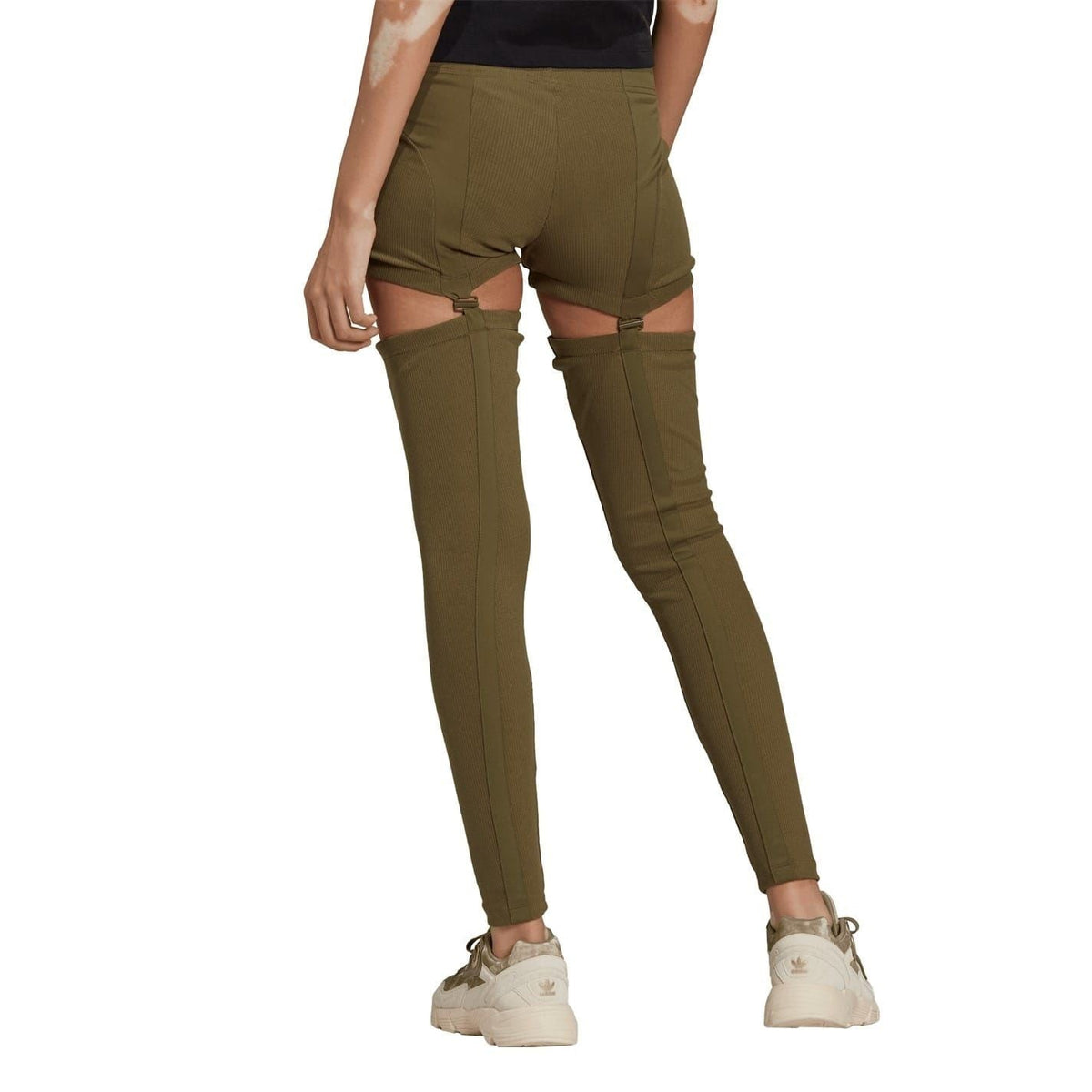 2-in-1 skinny fit leggings, olive long pants with cutout short overlay at upper thigh