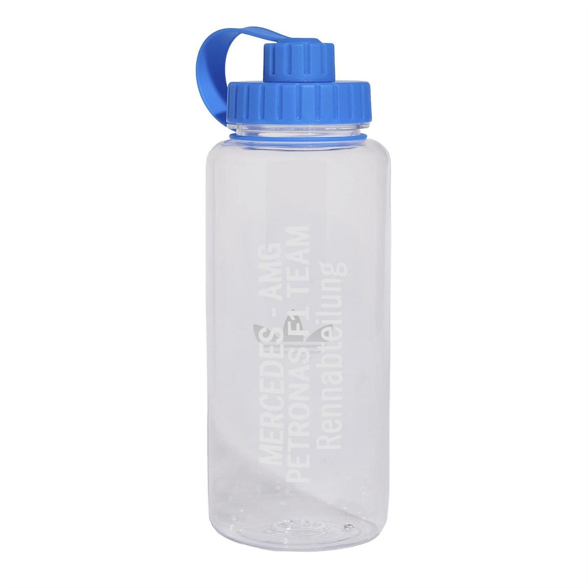 adidas Originals clear water bottle with blue cap and curved carrying handle