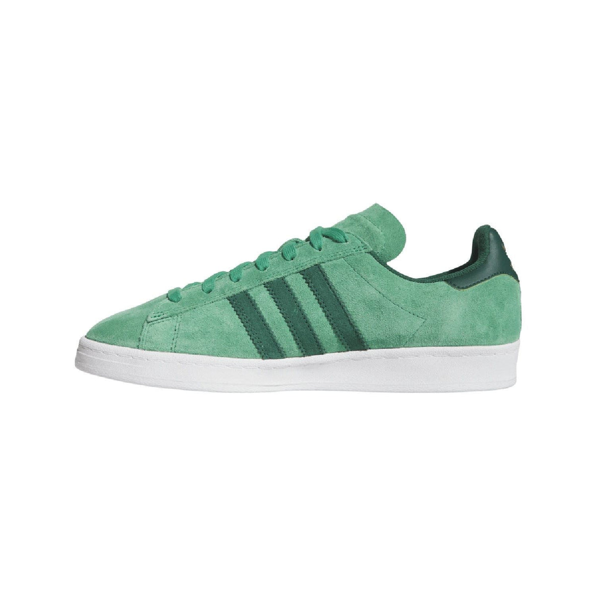 Green suede low-top trainers with lace-up front, side stripes, and white sole