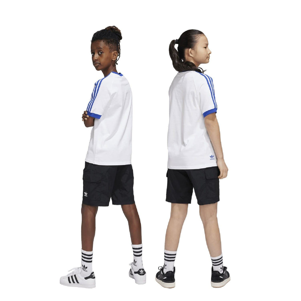 Adidas Originals juniors cargo shorts for kids aged 8-16, featuring multiple pockets and a casual, comfortable design.