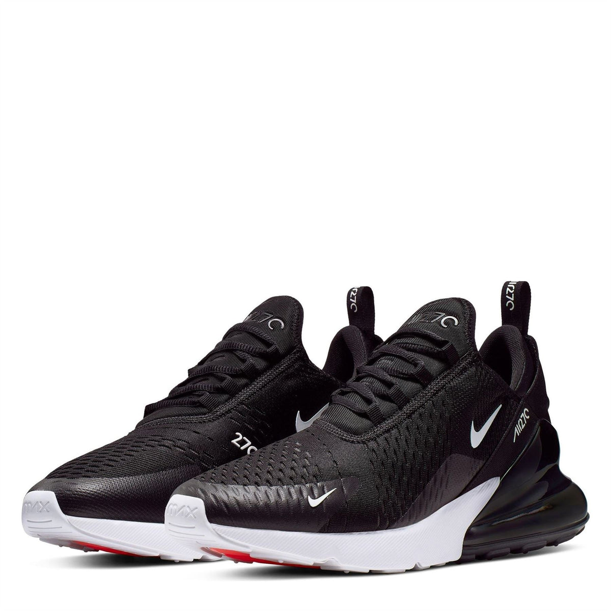 Nike Air Max 270 trainer, black knit upper with white sole and red trim lines