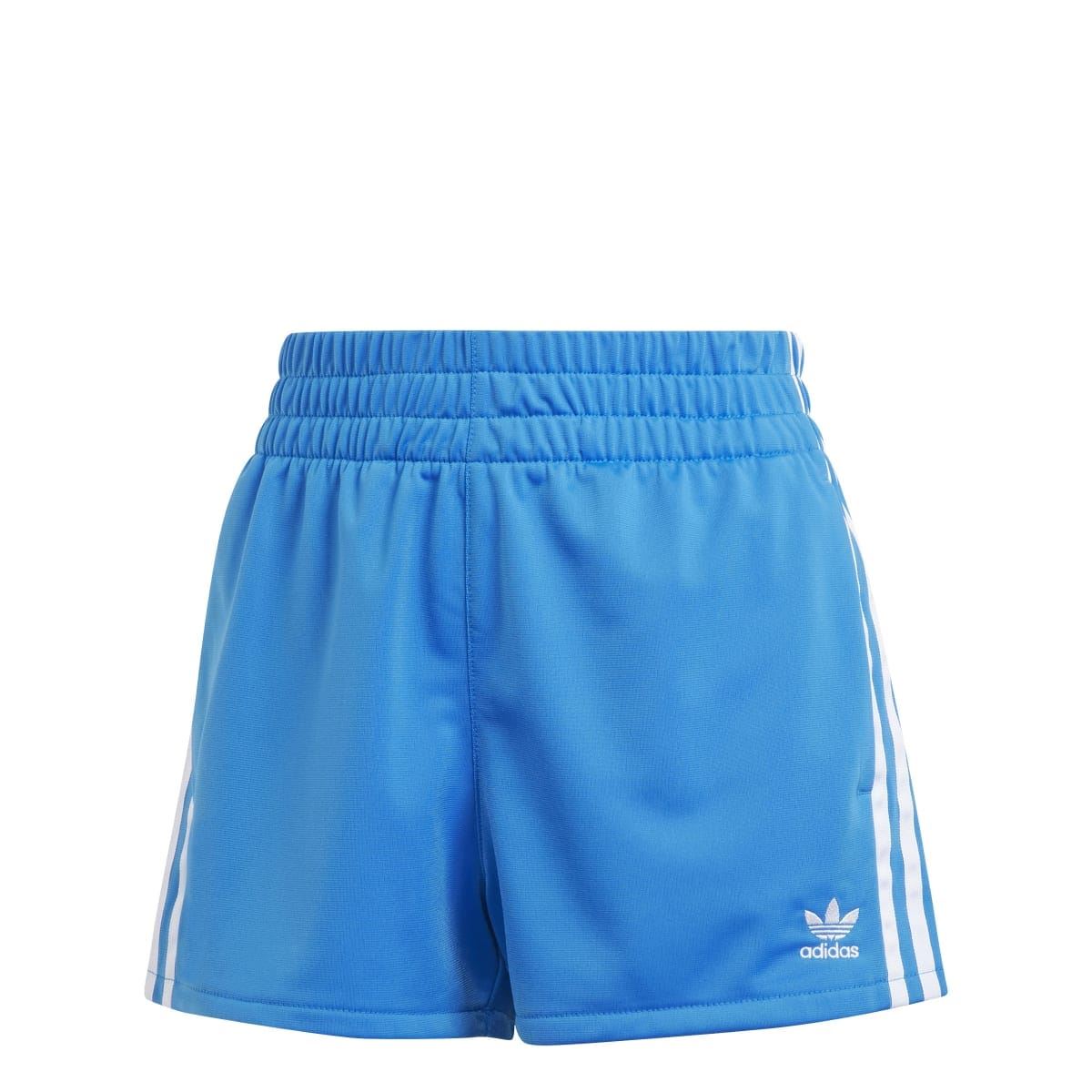 Blue Adidas Originals 3-stripe shorts with elastic waistband