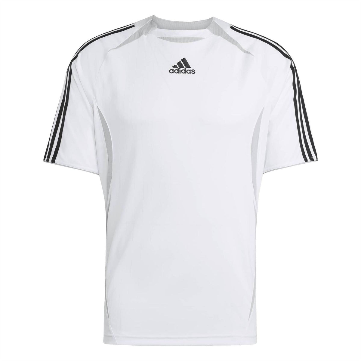 White adidas T-shirt with black shoulder stripes and small chest logo