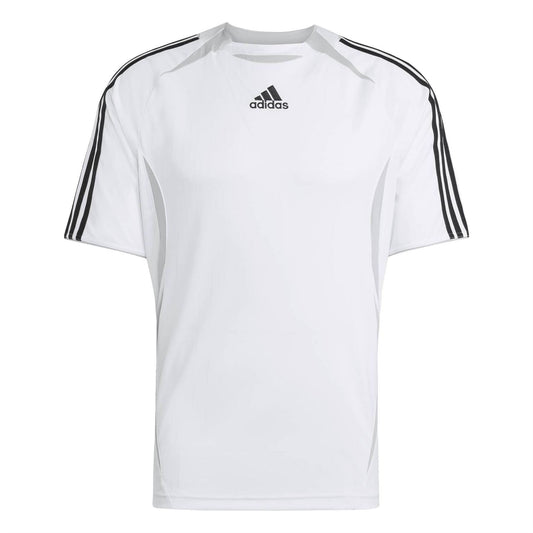 White adidas T-shirt with black shoulder stripes and small chest logo
