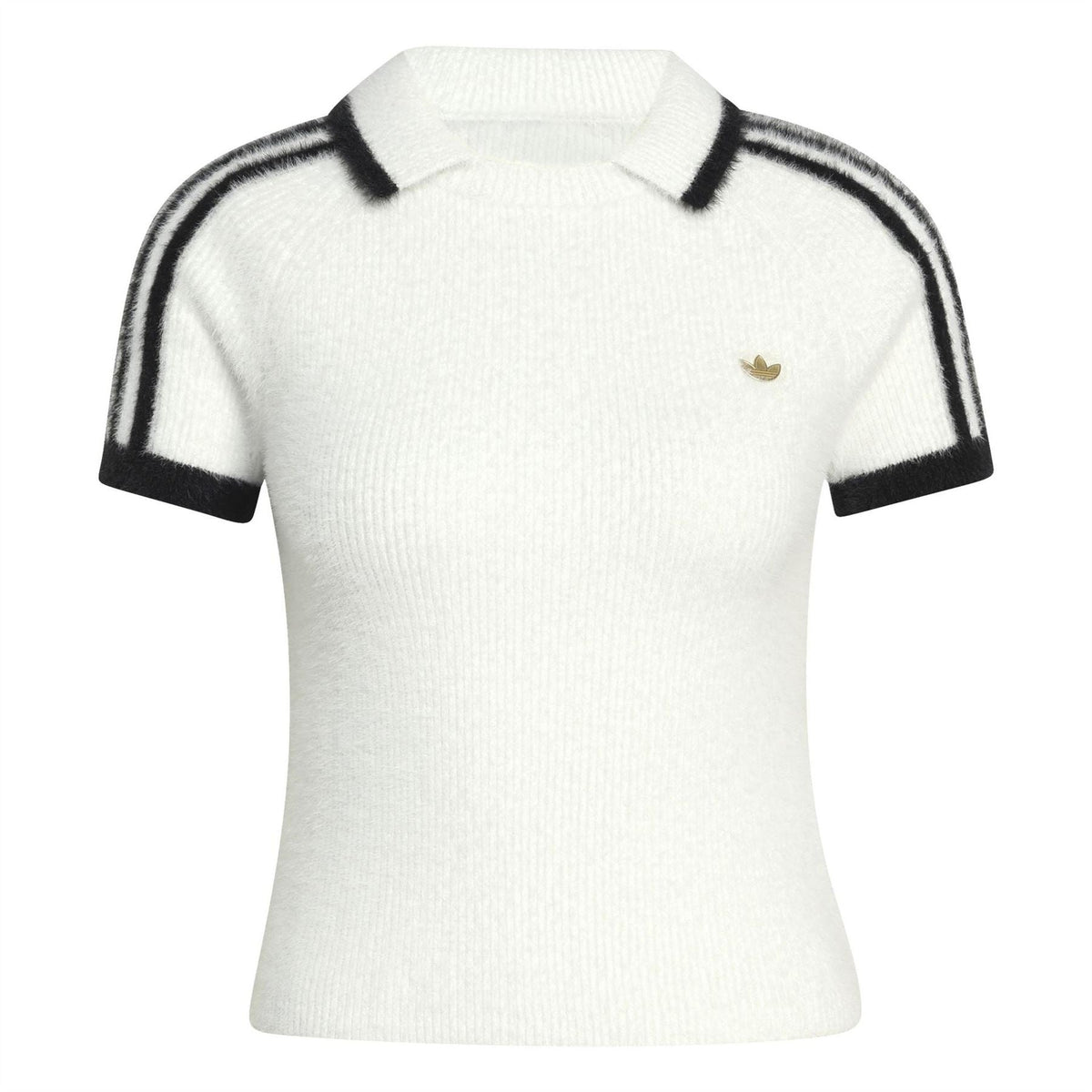 adidas Originals womens white polo shirt with black striped collar and sleeve cuffs