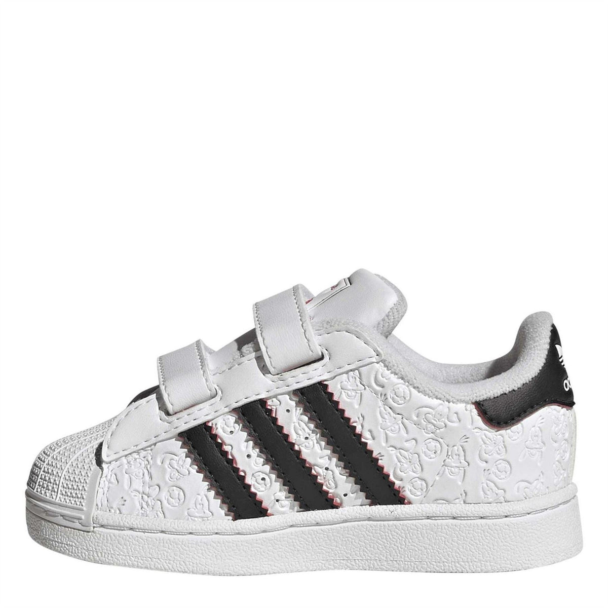 Infants white Velcro strap sneakers with black stripes, embossed Mickey print, and soccer design