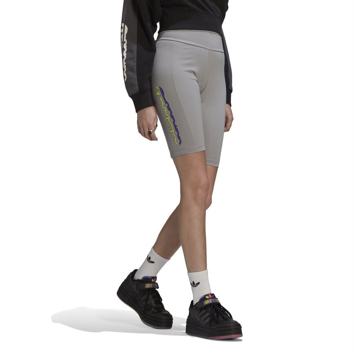 Light gray short leggings with side logo graphic panel and biker length