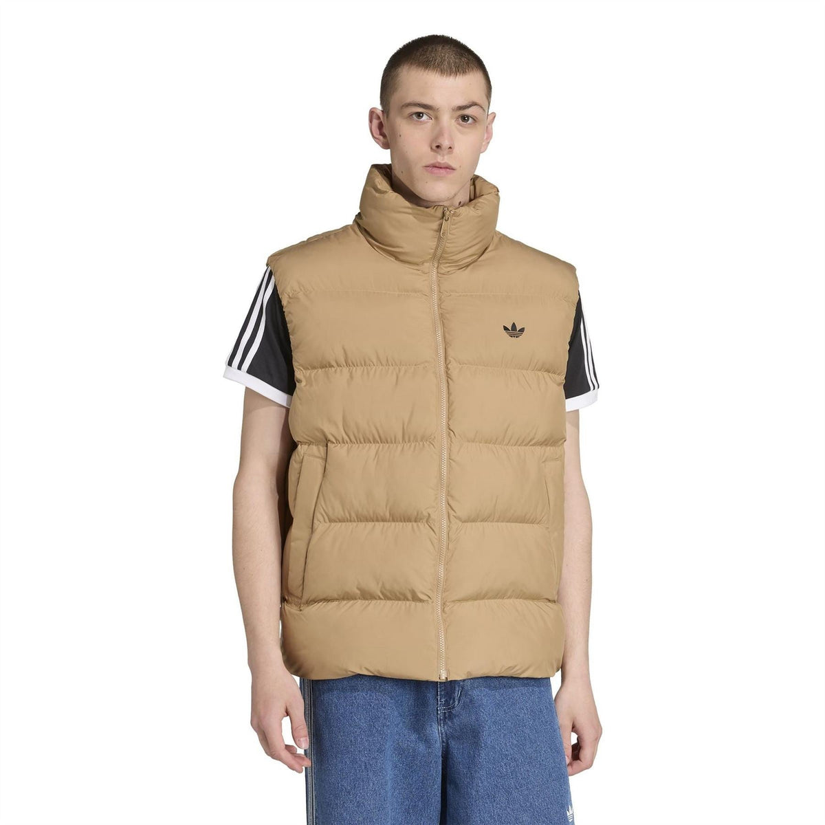 adidas Originals hooded puffer gilet in brown, full zip, adidas trefoil logo