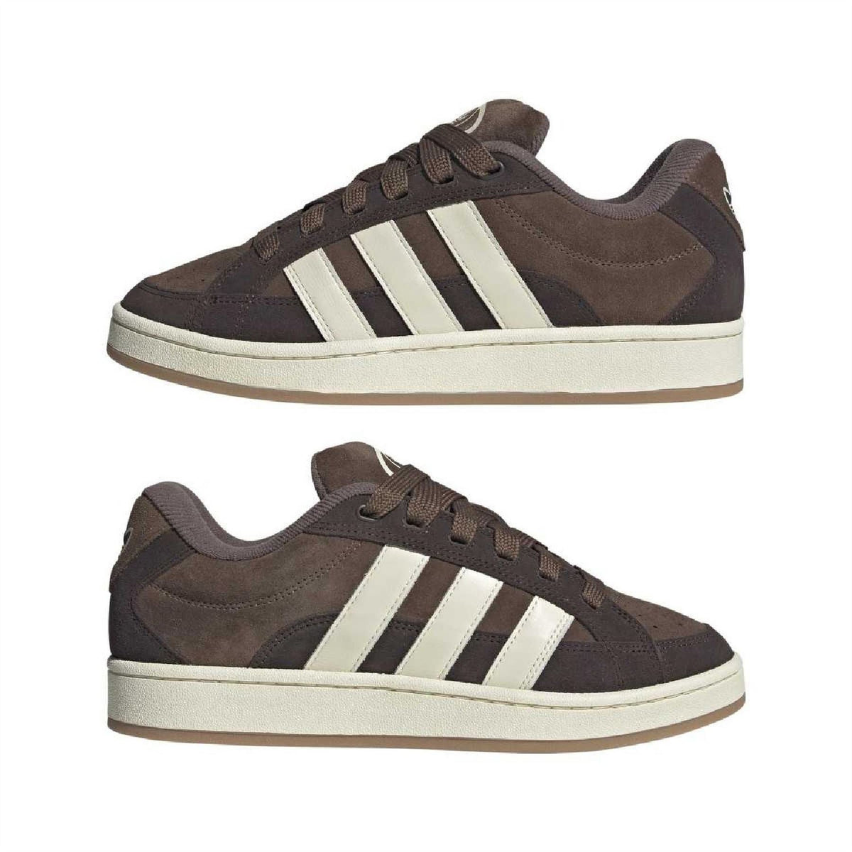 Adidas Originals Campus 00s sneakers pair, dark brown suede with white stripes and cream sole