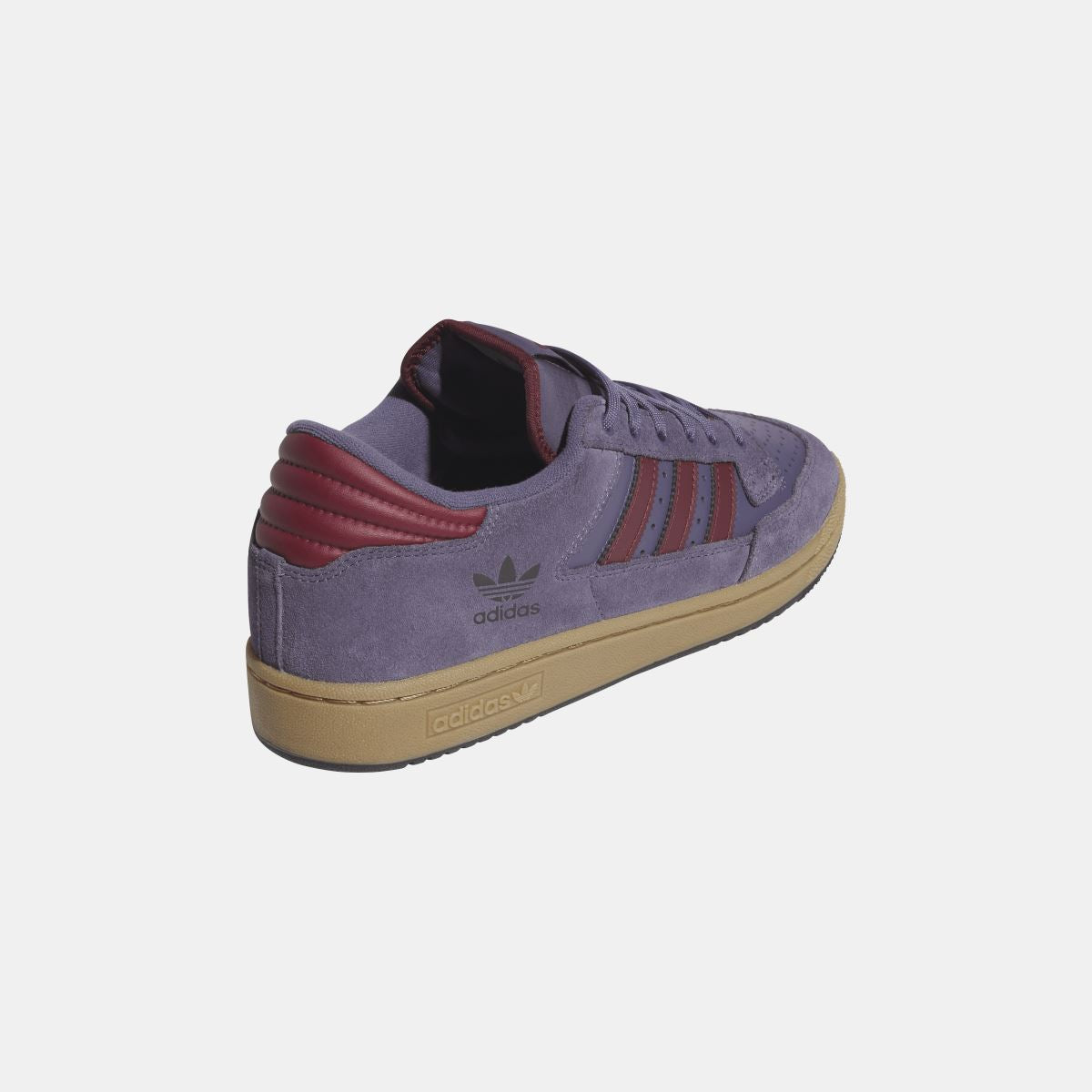 Violet suede adidas Originals low-top shoe heel view with burgundy collar padding