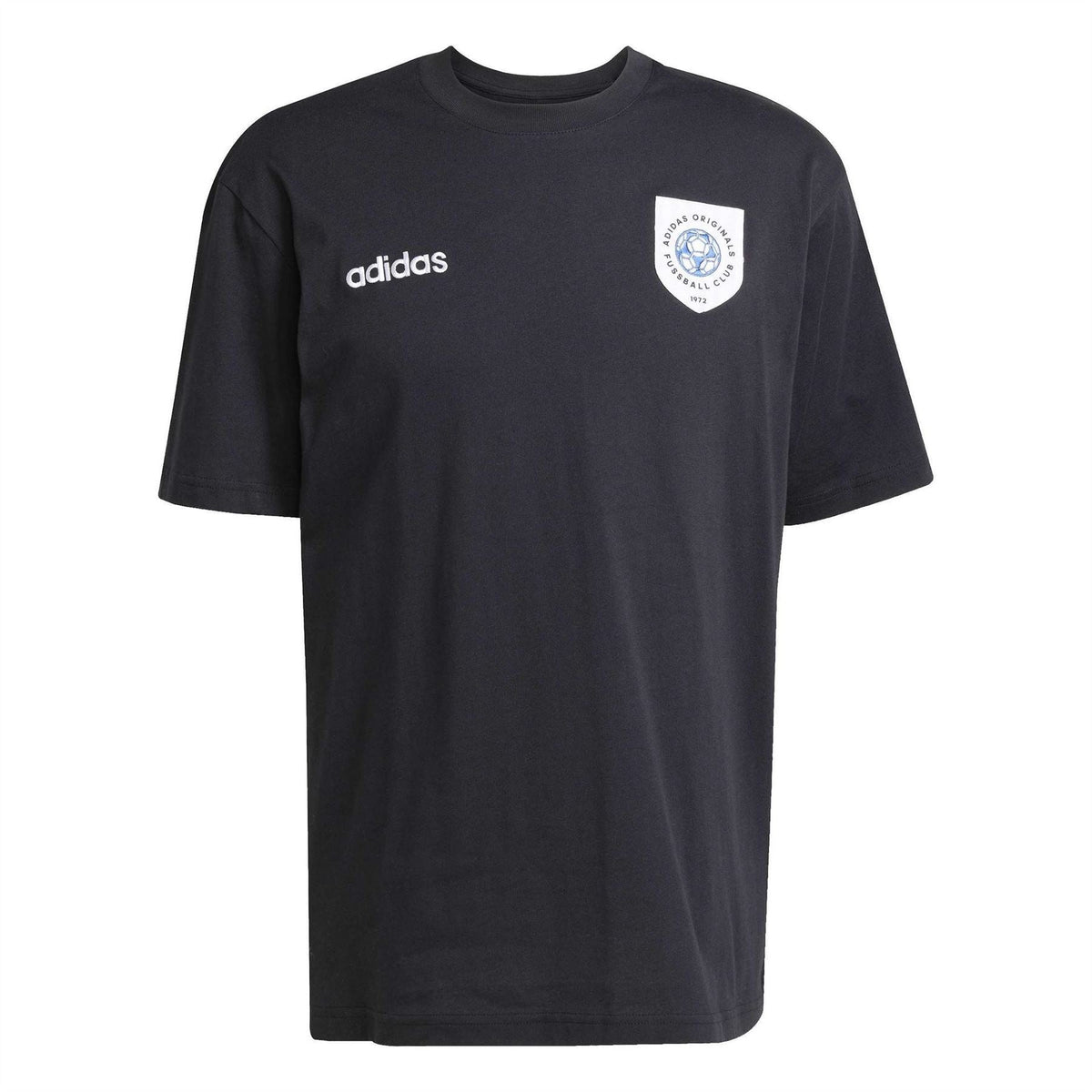 Black crew neck jersey T-shirt with adidas wordmark and crest logo
