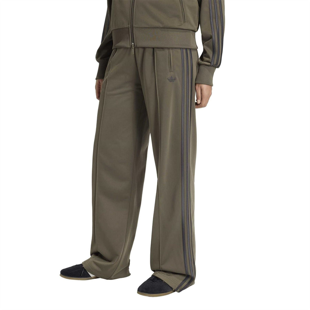 adidas Originals khaki green joggers with wide legs and vertical stripe panels