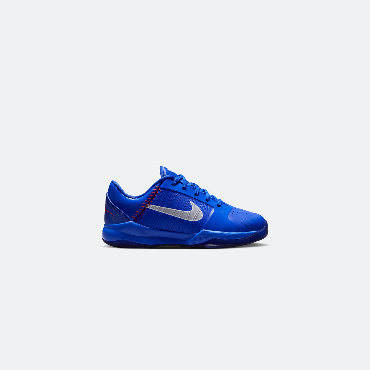 Blue Nike Kobe V low-top kids basketball shoe with white Swoosh and laced upper