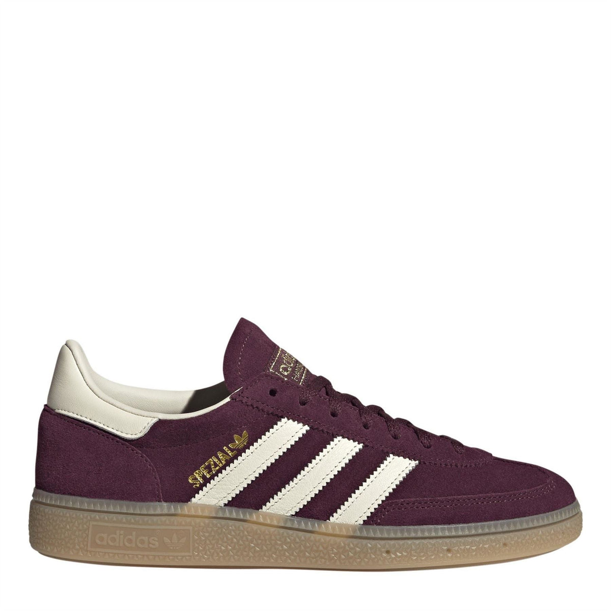 adidas Originals Handball Spezial shoes, maroon suede with white stripes and gum sole