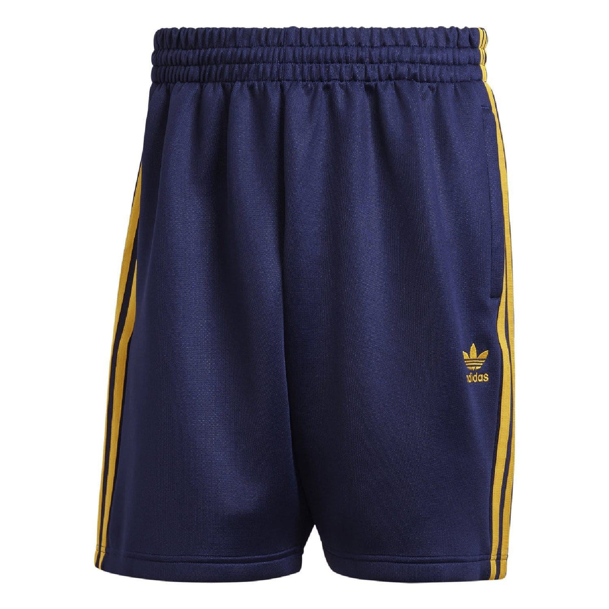 Navy shorts with elastic waist and yellow side tape, adidas Originals emblem on leg