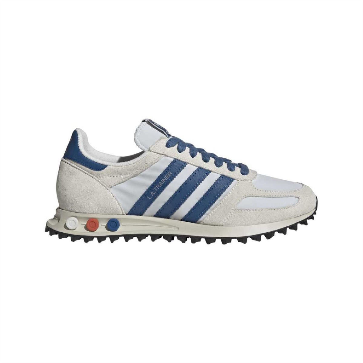 adidas Originals off-white and blue lace-up low-top sneakers with treaded rubber sole
