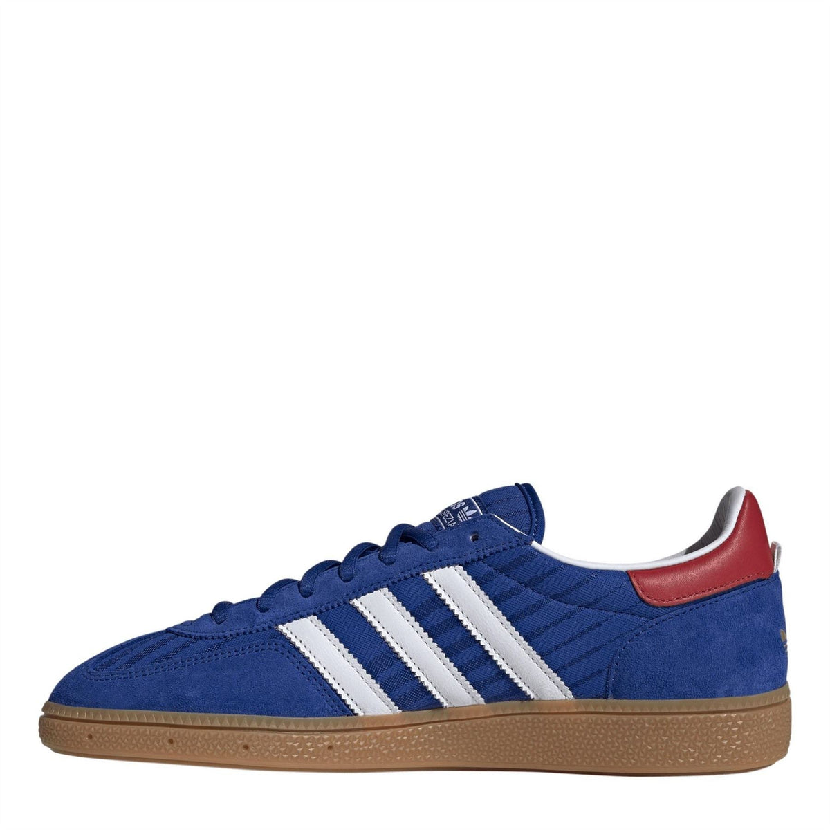 Men's low-top trainers in blue with white triple stripes and red heel accent