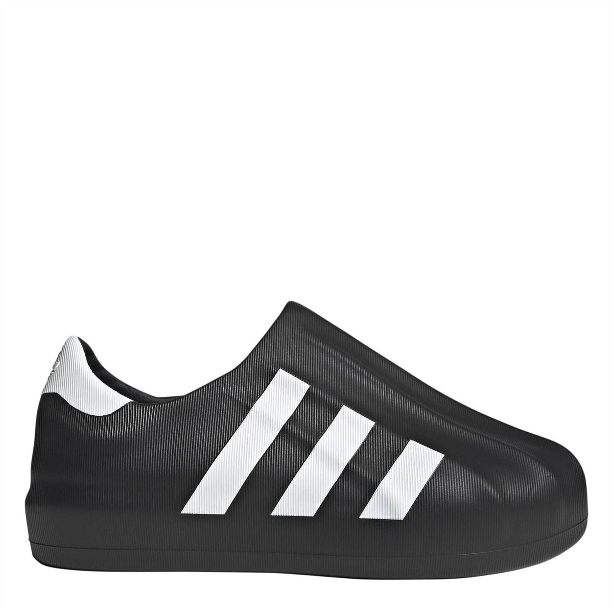 Black slip-on sneakers with white adidas-style stripes and textured upper