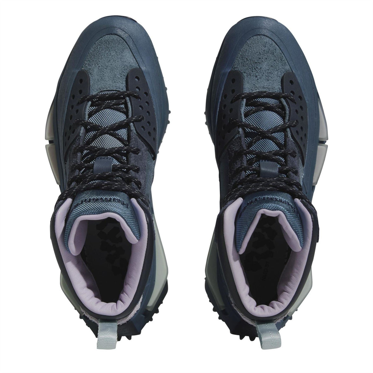 Front view of blue high-top sneakers with black laces and light lining around collar.