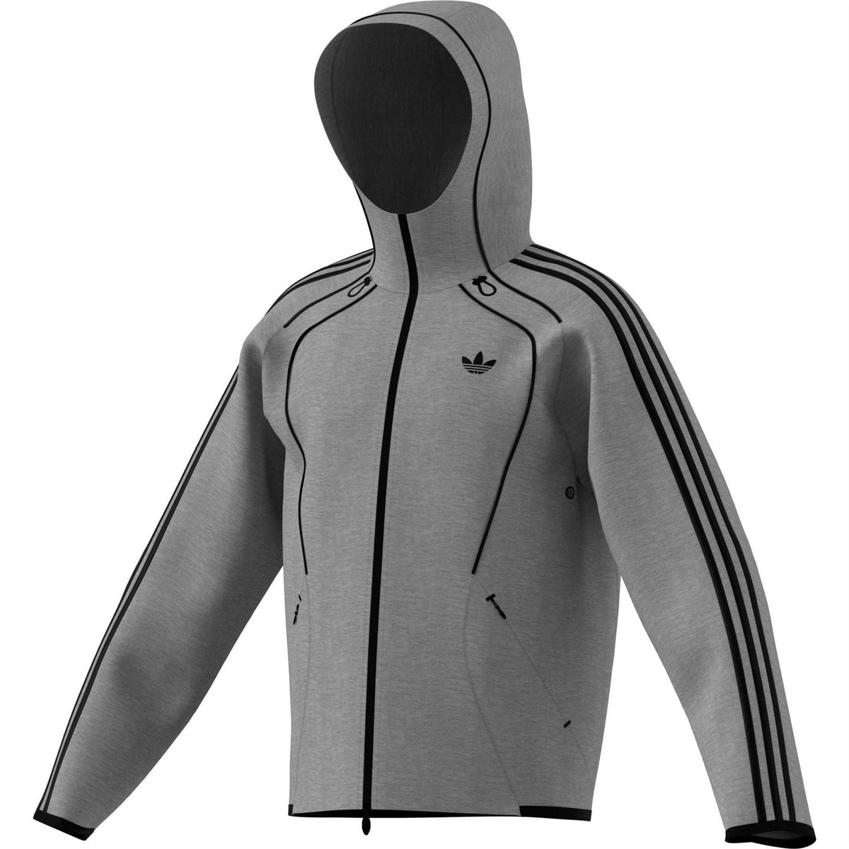 Grey heather zip-up hoodie, angled front view, hood up and adidas logo on chest