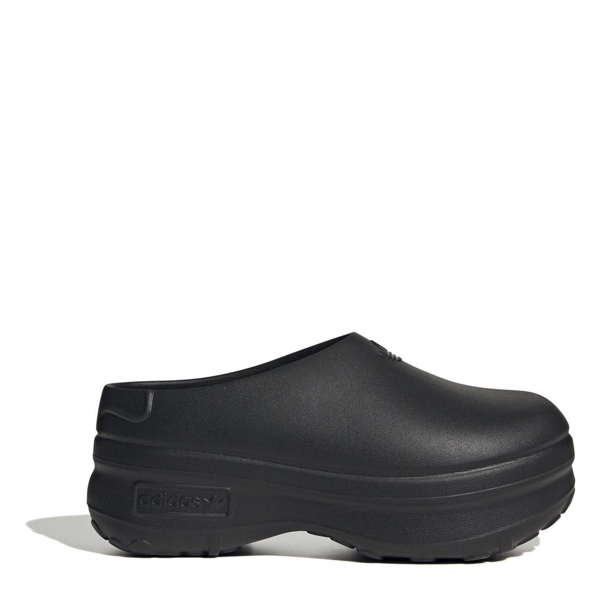 Black low-top clog trainers with smooth upper, slip-on collar, and chunky rubber sole