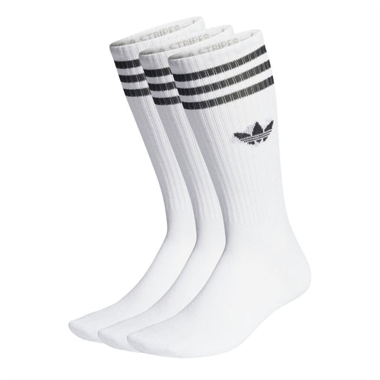 White high-crew socks with black adidas trefoil and striped cuffs