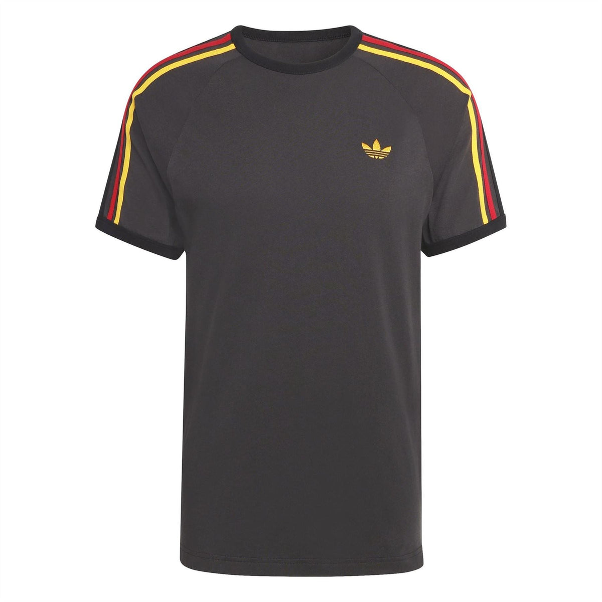 adidas Originals men's black T-shirt with gold trefoil and triple-color shoulder stripes