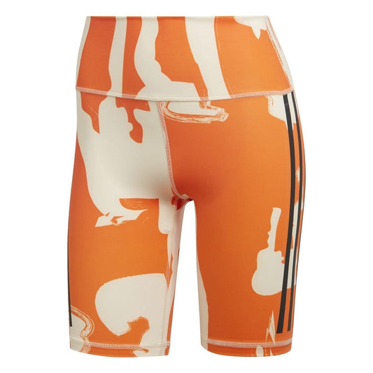 Orange and beige graphic biking shorts with snug fit and striped side panels