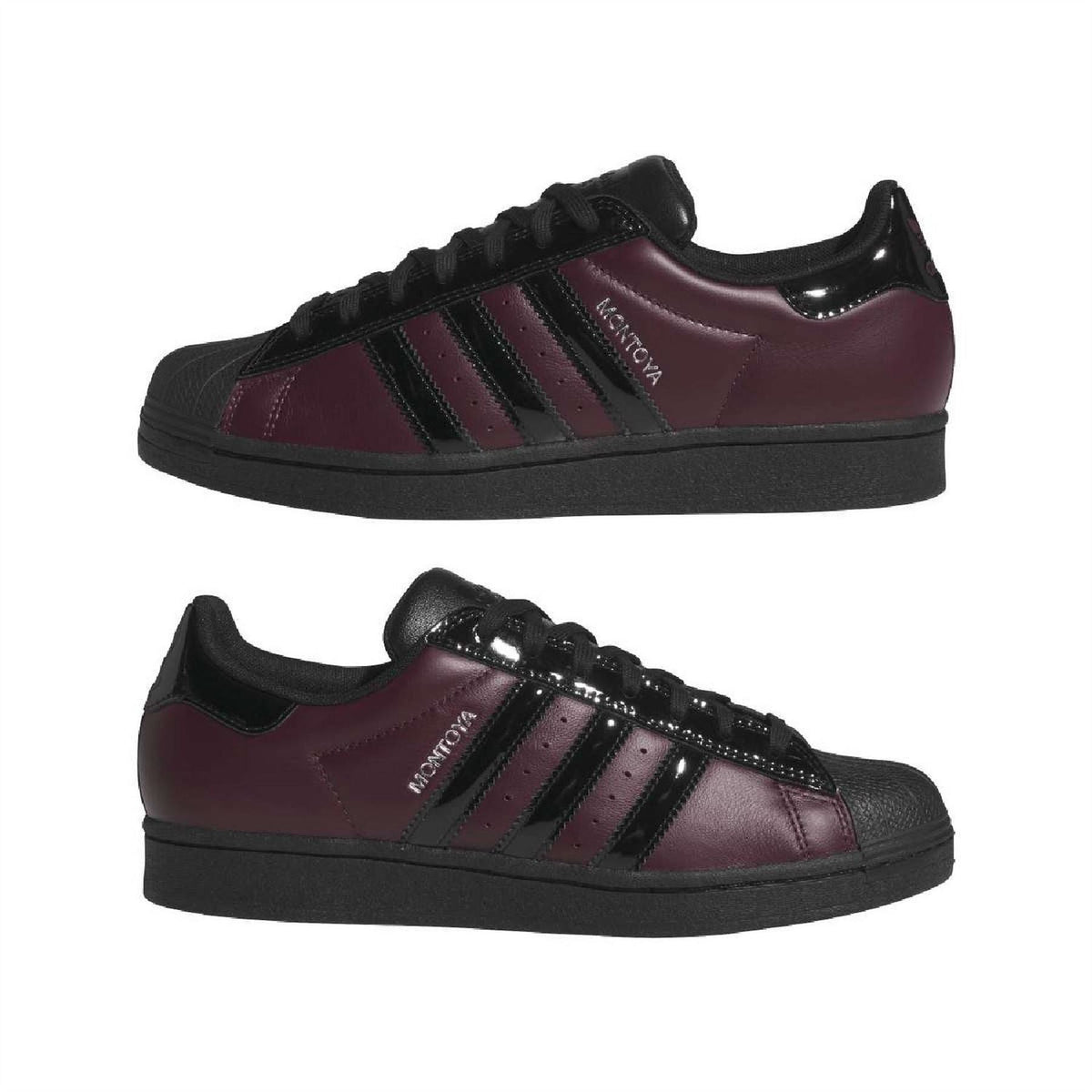 Pair of maroon adidas sneakers with black stripes and laces, black rubber cupsole