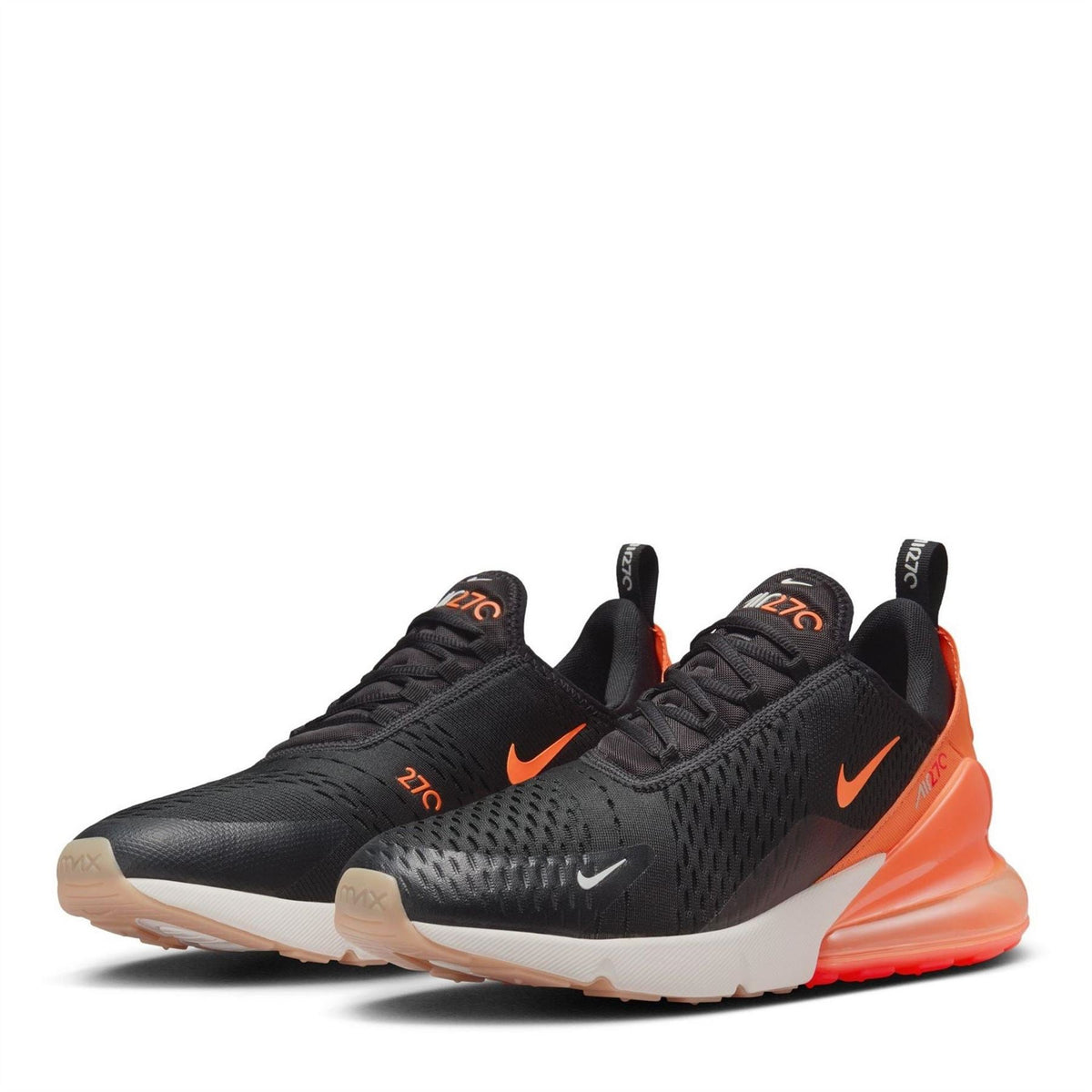 Nike Air Max 270 sneakers, black knit upper with orange details and white sole