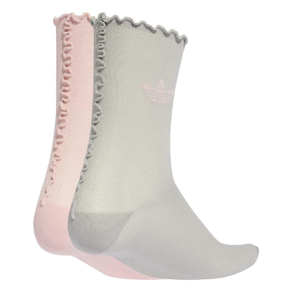 Ruffle long crew socks in sandy pink and light gray, with adidas trefoil
