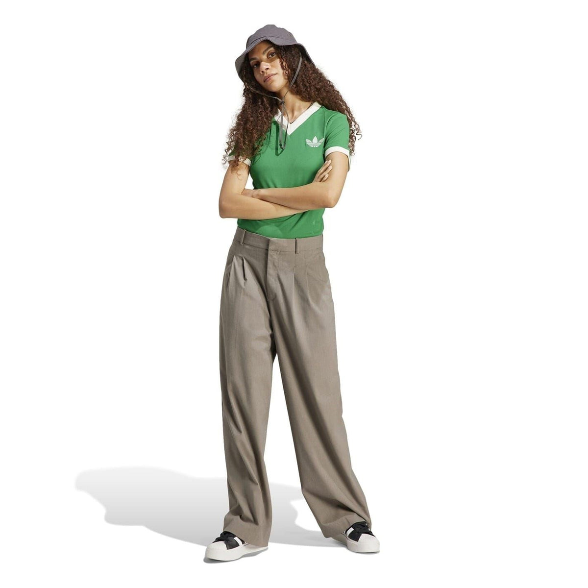 Green V-neck regular-fit t-shirt with white trim and adidas trefoil logo at chest