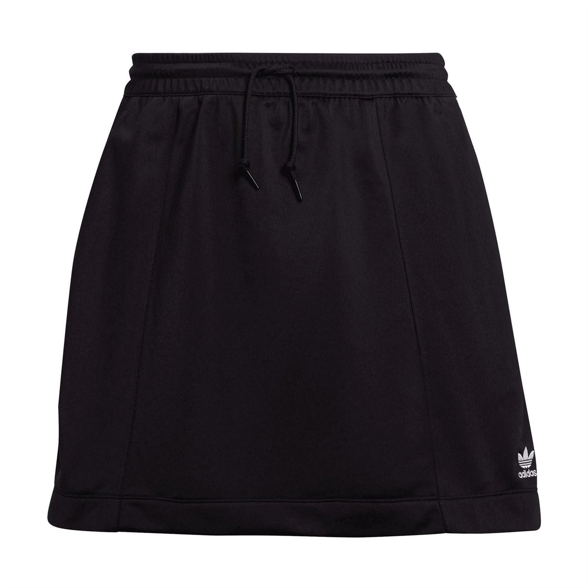 Black midi skirt with elastic drawstring waistband and Adidas logo at hem