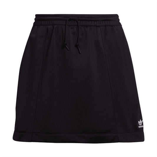 Black midi skirt with elastic drawstring waistband and Adidas logo at hem