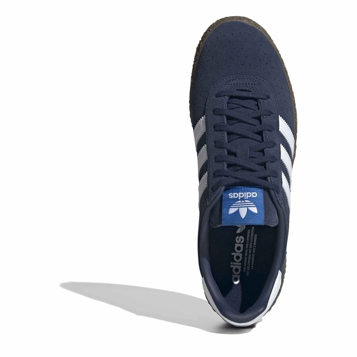 Navy lace-up trainers with white side stripes and adidas trefoil on the tongue