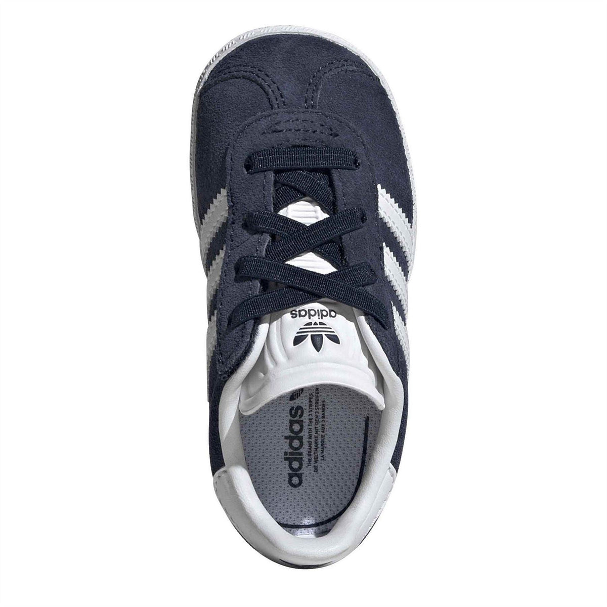Navy infants Gazel sneakers, tongue and insole view with adidas label and laces